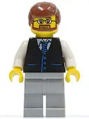 Minifigurka: TWN048:  Black Vest with Blue Striped Tie, Light Bluish Gray Legs, White Arms, Reddish Brown Male Hair, Beard and Glasses