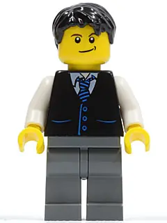 TWN049:  Black Vest with Blue Striped Tie, Dark Bluish Gray Legs, White Arms, Black Short Tousled Hair
