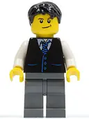 Minifigurka: TWN049:  Black Vest with Blue Striped Tie, Dark Bluish Gray Legs, White Arms, Black Short Tousled Hair