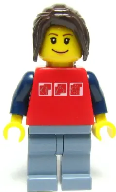 TWN051:  Red Shirt with 3 Silver Logos, Dark Blue Arms, Sand Blue Legs, Dark Brown Hair Ponytail Long with Side Bangs