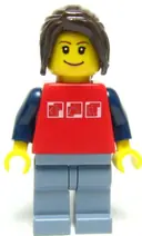 Minifigurka: TWN051:  Red Shirt with 3 Silver Logos, Dark Blue Arms, Sand Blue Legs, Dark Brown Hair Ponytail Long with Side Bangs