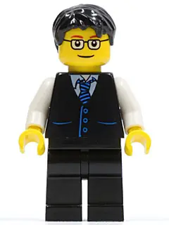 TWN052:  Black Vest with Blue Striped Tie, Black Legs, White Arms, Black Short Tousled Hair, Glasses
