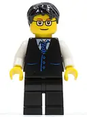 Minifigurka: TWN052:  Black Vest with Blue Striped Tie, Black Legs, White Arms, Black Short Tousled Hair, Glasses