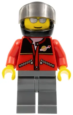 TWN060:  Red Jacket with Zipper Pockets and Classic Space Logo, Dark Bluish Gray Legs, Black Helmet, Silver Sunglasses