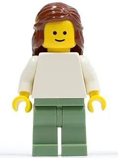 TWN073:  Plain White Torso with White Arms, Sand Green Legs, Reddish Brown Female Hair Mid-Length