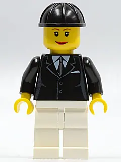 TWN076:  Horse Rider, Female, Black Suit with Tie, White Legs, Black Construction Helmet