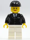 Minifigurka: TWN076:  Horse Rider, Female, Black Suit with Tie, White Legs, Black Construction Helmet