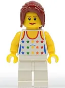 Minifigurka: TWN078:  Shirt with Female Rainbow Stars Pattern, White Legs, Dark Red Hair Ponytail Long with Side Bangs