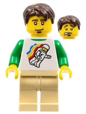 TWN079:  Classic Space Minifigure Floating Pattern, Tan Legs, Dark Brown Short Tousled Hair