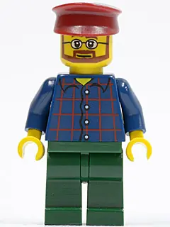 TWN080:  Plaid Button Shirt, Dark Green Legs, Dark Red Hat, Glasses, Reddish Brown Beard (Carousel Operator)