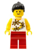 Minifigurka: TWN082:  Yellow Flowers - Black Ponytail Hair, Red Legs