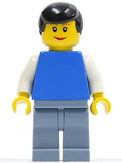 TWN083:  Plain Blue Torso with White Arms, Sand Blue Legs, Black Male Hair, Lipstick