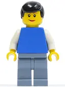 Minifigurka: TWN083:  Plain Blue Torso with White Arms, Sand Blue Legs, Black Male Hair, Lipstick