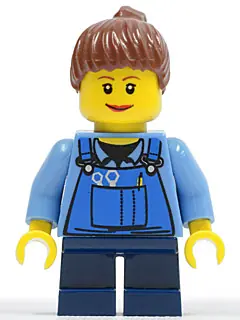 TWN086:  Overalls with Tools in Pocket Blue, Reddish Brown Ponytail Hair, Lipstick, Dark Blue Short Legs