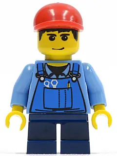 TWN088:  Overalls with Tools in Pocket Blue, Red Short Bill Cap, Dark Blue Short Legs