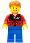Minifigurka: TWN097:  Red Jacket with Zipper Pockets and Classic Space Logo, Blue Legs, Dark Orange Short Tousled Hair