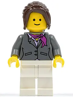 TWN100:  Dark Bluish Gray Jacket with Magenta Scarf, White Legs, Dark Brown Hair Ponytail Long with Side Bangs
