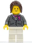 Minifigurka: TWN100:  Dark Bluish Gray Jacket with Magenta Scarf, White Legs, Dark Brown Hair Ponytail Long with Side Bangs