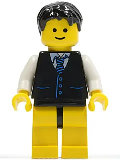 TWN104:  Black Vest with Blue Striped Tie, Black Hips and Yellow Legs, Black Short Tousled Hair
