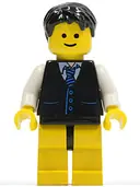 Minifigurka: TWN104:  Black Vest with Blue Striped Tie, Black Hips and Yellow Legs, Black Short Tousled Hair