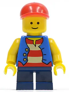 TWN105:  Vest over Red and White Striped Shirt, Dark Blue Short Legs, Red Short Bill Cap