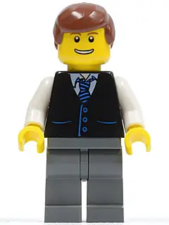 TWN108:  Black Vest with Blue Striped Tie, Dark Bluish Gray Legs, White Arms, Reddish Brown Male Hair