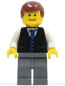 Minifigurka: TWN108:  Black Vest with Blue Striped Tie, Dark Bluish Gray Legs, White Arms, Reddish Brown Male Hair