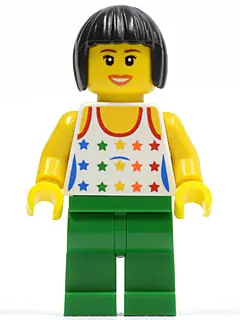 TWN110:  Shirt with Female Rainbow Stars Pattern, Green Legs, Black Bob Cut Hair
