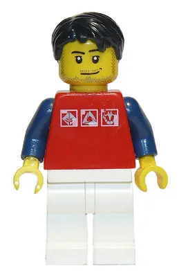 TWN111:  Red Shirt with 3 Silver Logos, Dark Blue Arms, White Legs, Black Short Tousled Hair