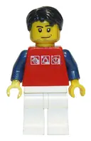 Minifigurka: TWN111:  Red Shirt with 3 Silver Logos, Dark Blue Arms, White Legs, Black Short Tousled Hair