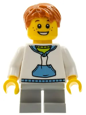 TWN112:  Child - Boy, White Hoodie with Medium Blue Pocket, Light Bluish Gray Short Legs, Dark Orange Tousled Hair, Freckles