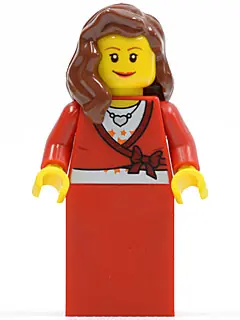 TWN121:  Sweater Cropped with Bow, Heart Necklace, Red Skirt, Reddish Brown Female Hair over Shoulder, Small Eylashes and Wide Smile
