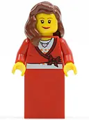 Minifigurka: TWN121:  Sweater Cropped with Bow, Heart Necklace, Red Skirt, Reddish Brown Female Hair over Shoulder, Small Eylashes and Wide Smile