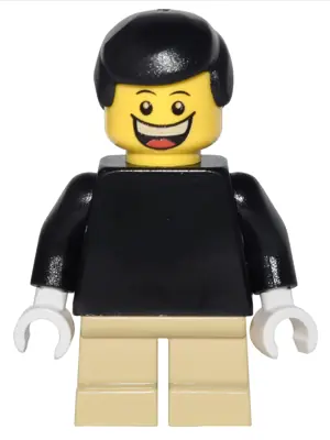 TWN122:  Plain Black Torso with Black Arms, Tan Short Legs, Black Male Hair