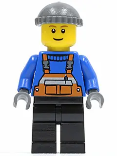 TWN123:  Overalls with Safety Stripe Orange, Black Legs, Dark Bluish Gray Knit Cap, Brown Eyebrows, Thin Grin
