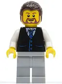 Minifigurka: TWN135:  Black Vest with Blue Striped Tie, Light Bluish Gray Legs, White Arms, Dark Brown Hair, Brown Beard Rounded
