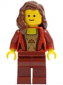 Minifigurka: TWN137:  Pet Shop Customer - Female, Corset with Gold Panel Front and Lace Up Back, Dark Red Legs, Reddish Brown Hair