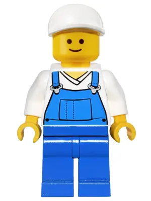 TWN138:  Overalls Blue over V-Neck Shirt, Blue Legs, White Short Bill Cap