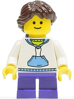 TWN139:  Child - Girl, White Hoodie with Medium Blue Pocket, Dark Purple Short Legs, Dark Brown Braided Ponytail