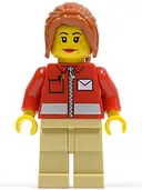 Minifigurka: TWN146:  Post Office White Envelope and Stripe, Tan Legs, Dark Orange Ponytail Long with Side Bangs
