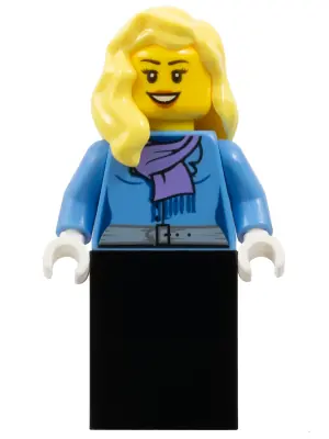 TWN147:  Medium Blue Jacket with Light Purple Scarf, Black Skirt, Bright Light Yellow Female Hair over Shoulder