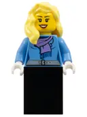 Minifigurka: TWN147:  Medium Blue Jacket with Light Purple Scarf, Black Skirt, Bright Light Yellow Female Hair over Shoulder