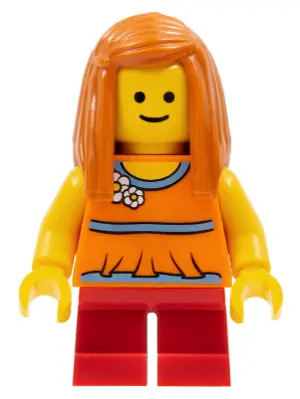 TWN161:  Child - Girl, Orange Halter Top with Flowers and Low Back, Red Short Legs, Dark Orange Long Hair