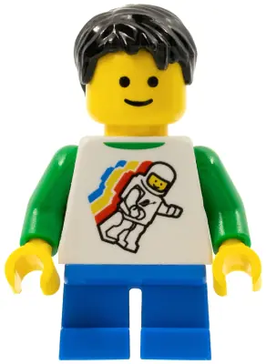 TWN162:  Boy - Classic Space Minifigure Floating Pattern, Blue Short Legs, Black Tousled Hair