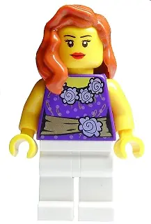 TWN171:  Female Dark Purple Blouse with Gold Sash and Flowers, White Legs, Red Lips