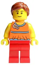 Minifigurka: TWN172:  Orange Halter Top with Medium Blue Trim and Flowers Pattern, Red Legs, Reddish Brown Ponytail and Swept Sideways Fringe