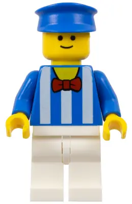 TWN178:  Palace Cinema Employee - Blue Shirt with White Stripes and Red Bow Tie, White Legs, Blue Police Hat, Standard Grin