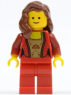 TWN180:  Palace Cinema Guest - Female, Corset with Gold Panel Front and Lace Up Back, Red Legs, Reddish Brown Hair over Shoulder
