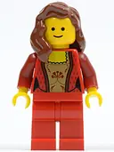 Minifigurka: TWN180:  Palace Cinema Guest - Female, Corset with Gold Panel Front and Lace Up Back, Red Legs, Reddish Brown Hair over Shoulder