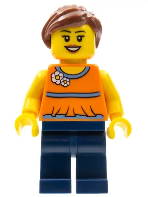 TWN185:  Orange Halter Top with Medium Blue Trim and Flowers Pattern, Dark Blue Legs, Reddish Brown Ponytail and Swept Sideways Fringe